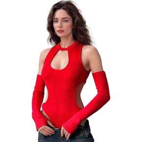 Black Rave Outfit for Women Streetwear Hollow Out Y2K Outfits Long Sleeve Cutout Bodysuit