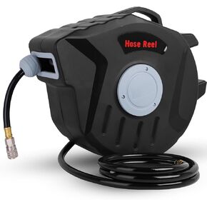 Retractable Air Hose Reel, 3/8 IN x 50 FT Hybrid Air Hose Max 300PSI, Air Compressor Hose Reel with 6 ft Lead in, Ceiling/Wall Mount Heavy Duty Single Arm Steel Reel, Auto Rewind Reel