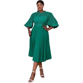 AOMEI Women's Elegant Lace Patchwork A-line Midi Pleated Hollow Out Lantern Sleeve Dress