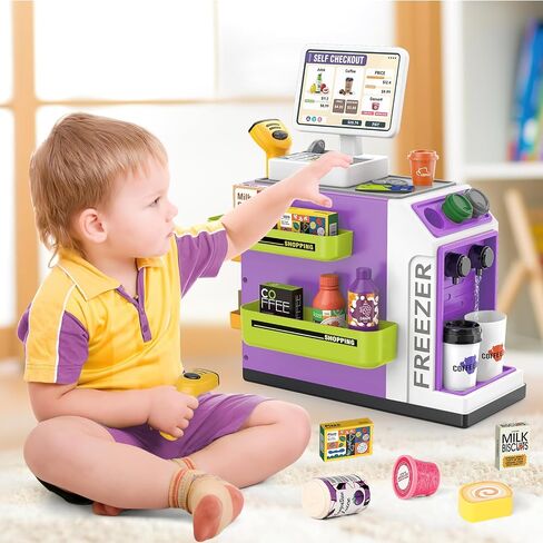 deAO Toy Cash Register for Kids Pretend Play Store Calculator Money 3 in 1 Coffee Machine Set Toys with Water Outlet Function Play Food Gifts Learning Toys for Kids Boys Girls in Kuwait