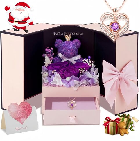 Preserved Real Red Rose Gift, Forever Flowers with Rose Necklace for Mom Grandma Wife Girlfriend, Eternal Rose Box Birthday Gifts for Women in Saudi Arabia