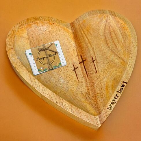 Prayer Bowl Wooden, Heart Prayer Bowl with Cross, Christians Dough Bowl, Heart Shaped Decorative Bowls, for Religious Christians Congregation Gift in Saudi Arabia