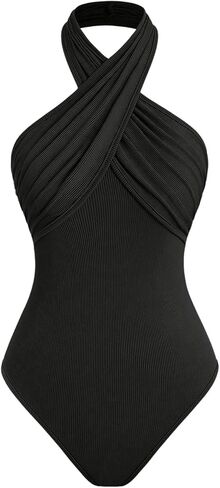 Milumia Women's Criss Cross Rib Knit Sleeveless Halter Bodysuits Shirts in Saudi Arabia