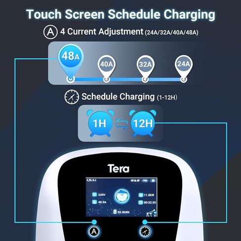 Tera لشاحن سيارة Tesla الكهربائية (EV): المستوى 2 J1772 2024 تمت ترقيته ومعتمد من ETL 48A مع أمبيرات الإعداد اليدوي والجدول الزمني على الوحدة 240 فولت - ضمان 5 سنوات - كابل 25 قدم NEMA 14-50P W01 فضي in Kuwait