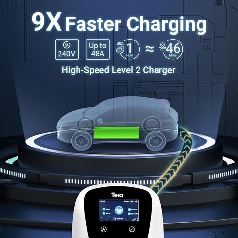 Tera لشاحن سيارة Tesla الكهربائية (EV): المستوى 2 J1772 2024 تمت ترقيته ومعتمد من ETL 48A مع أمبيرات الإعداد اليدوي والجدول الزمني على الوحدة 240 فولت - ضمان 5 سنوات - كابل 25 قدم NEMA 14-50P W01 فضي in Kuwait