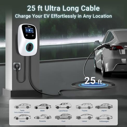 Tera لشاحن سيارة Tesla الكهربائية (EV): المستوى 2 J1772 2024 تمت ترقيته ومعتمد من ETL 48A مع أمبيرات الإعداد اليدوي والجدول الزمني على الوحدة 240 فولت - ضمان 5 سنوات - كابل 25 قدم NEMA 14-50P W01 فضي in Kuwait