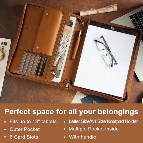 حافظة جلدية من AZXCG، حافظة مع حامل مفكرة بحجم A4، حافظة حافظة للمستندات، حافظة منظم للأعمال لجهاز iPad Pro 12.9(2018&2020&2021)، بني داكن in Kuwait