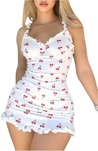 Women's 2 Piece Lingerie Set Cherry Print Frill Ruched Bodycon Babydoll Dress Nightgown with Panty in Saudi Arabia