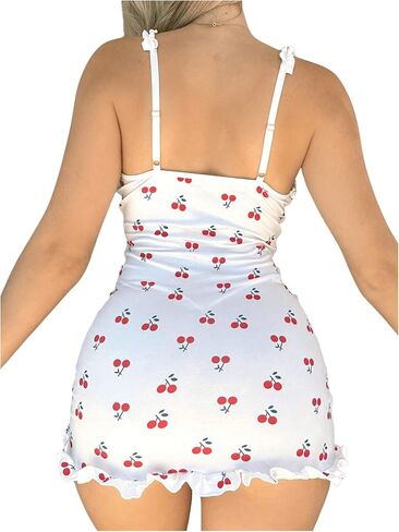 Women's 2 Piece Lingerie Set Cherry Print Frill Ruched Bodycon Babydoll Dress Nightgown with Panty in Saudi Arabia