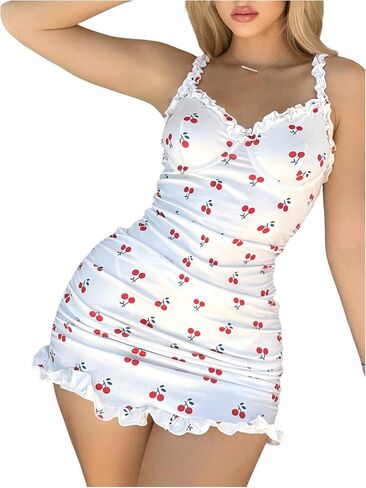 Women's 2 Piece Lingerie Set Cherry Print Frill Ruched Bodycon Babydoll Dress Nightgown with Panty in Saudi Arabia