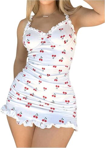 Women's 2 Piece Lingerie Set Cherry Print Frill Ruched Bodycon Babydoll Dress Nightgown with Panty in Saudi Arabia