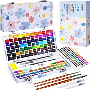 128 Colors Washable Watercolor Paint Set with 4 Brushes, Portable Travel Water Color Kit with Carrying Case, Palette and Accessories, Non-Toxic Art Supplies Gift for Artists Adult Teen Kids Girls Boys in Kuwait