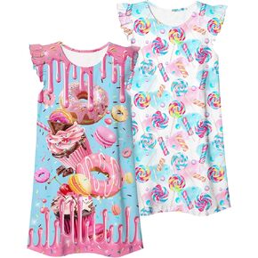 UNIFACO 2pcs Girls Nightgowns 3-10 Years Flutter Sleeve Pajamas Dress Cute Sleepwear for Litter Girl