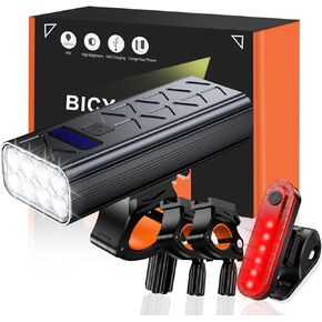 Rechargeable Bike Light Set, 8000 Lumens USB Bicycle Lights, Front Headlight and taillight with 5＋4 Light Modes, Waterproof Rechargeable Bike Lights for Night Riding、Road、Mountain