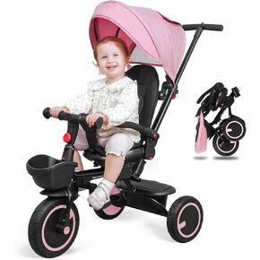 Baby Tricycle, 6-in-1 Folding Toddler Bike, Toddler Push Bike, Toys for 1-5 Year Old Boys & Girls, Kids Trike with Push Handle, Canopy, Backrest and Safety Belt, Stroller Bike Gift for Toddlers