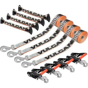 VULCAN 8-Point Roll Back Vehicle Tie Down Kit with Chain Tails on Both Ends - Set of 4 - Silver Series