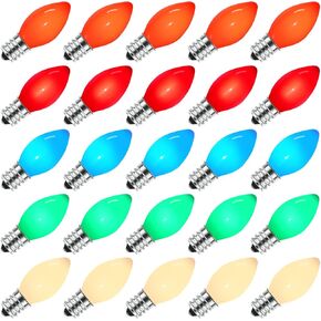 25 Pack LED C7 Light Bulbs - Clear Glass LED E12 LED Night Light Bulbs, 0.6W Equivalent to 7W, for Candles Chandeliers Replacement Bulbs & Christmas Tree Light Bulbs, E12 Base, Warm White
