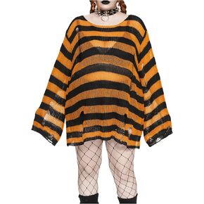 SHENHE Women's Plus Size Ripped See Through Bell Sleeve Sexy Grunge Distressed Sweater Pullover