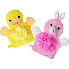 Kids Loofah Bath Gloves for Kids 2 Pack Exfoliating Glove Body Scrubber for Shower and Bath Cute Design for Kids, Easy to Lather