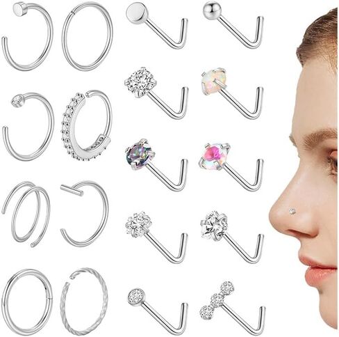 18 قطعة 20 جرام حلقات الأنف للنساء 316L الفولاذ المقاوم للصدأ حلقات الأنف مجموعة هيبوالرجينيك 14K الذهب شغل حلقات الأنف الأطواق L على شكل الأنف ترصيع الذهب الفضة الأنف ثقب المجوهرات للنساء الرجال in Kuwait