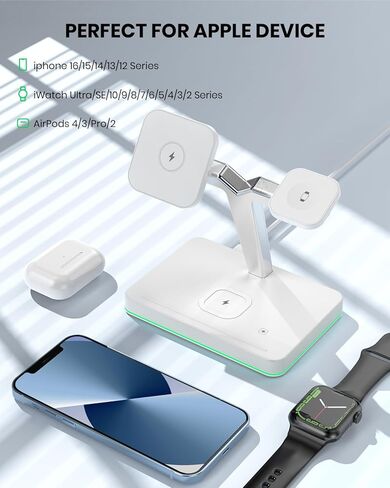 شاحن لاسلكي مع MagSafe، محطة شحن 3 في 1 لأجهزة Apple، حامل مغناطيسي لسلسلة iPhone 15/14/13/12، سلسلة iWatch Ultra/SE/9/8/7/6/5/4/3/2 ‎ايربودز 3/برو/2 in Kuwait