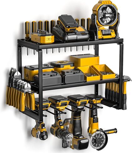 Power Tool Organizer Wall Mount with Charging Station, 4/6/8 Slots for Cordless Drill, Tool Storage with 4 Outlet Power Strip, Drill Bit Heavy Duty Rack, 3 Layers Garage Shelving for Workshop in Saudi Arabia