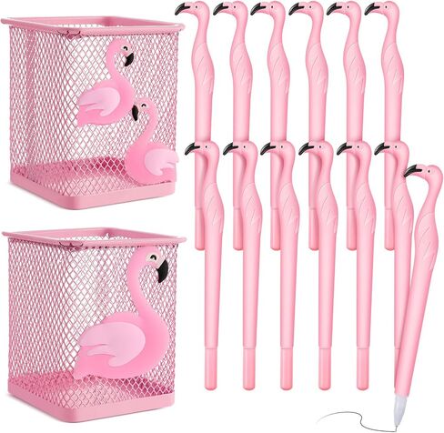 Henoyso 14 Pcs Metal Flamingo Pen Pencil Holder Cute Pink Pen Holder Flamingo Pens Pink Ink Pens Square Pencil Cup for Desk Office Home Girls Kids Caddy Box Makeup Brush Holders Women Gift in Saudi Arabia