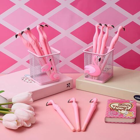 Henoyso 14 Pcs Metal Flamingo Pen Pencil Holder Cute Pink Pen Holder Flamingo Pens Pink Ink Pens Square Pencil Cup for Desk Office Home Girls Kids Caddy Box Makeup Brush Holders Women Gift in Saudi Arabia