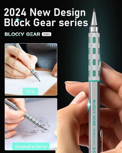 أقلام رصاص ميكانيكية من Blocky Gear مقاس 2 مم في علبة، حامل رصاص معدني مع 6 أنابيب 2 مم لإعادة تعبئة الرصاص (HB 2B 2H 4B 4H والألوان) مبراة، ممحاة للفنان النجار لكتابة رسم الرسم in Kuwait