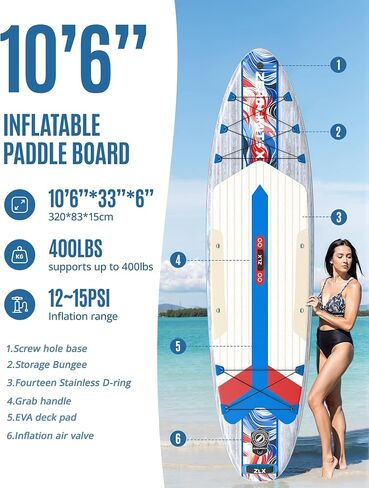 ZLX 10'6" x 33" Inflatable Stand Up Paddle Board SUP Board for All Skill Levels Youth & Adults Wide Stable Non-Slip Deck, Adjustable Paddle, Leash and Carry Bag in Saudi Arabia