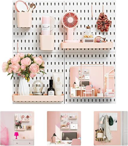 VUSIGN Pegboard Combination Wall Organizer Kit, 4 Pieces Pegboards and 17 Accessories Modular Hanging, Wall Mount Display Peg Board Panel Kits for Bedroom, Home, Office, Bathroom, 22" x 22", Pink in Saudi Arabia