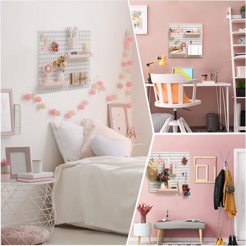 VUSIGN Pegboard Combination Wall Organizer Kit, 4 Pieces Pegboards and 17 Accessories Modular Hanging, Wall Mount Display Peg Board Panel Kits for Bedroom, Home, Office, Bathroom, 22" x 22", Pink in Saudi Arabia