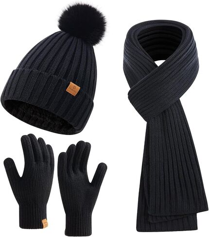 Winter Beanie Hat Scarf Gloves Set for Women with Fleece Lined Womens Beanie with Pom Pom Long Scarf Neck Warmer Touchscreen Gloves for Women Men Oatmeal in Saudi Arabia