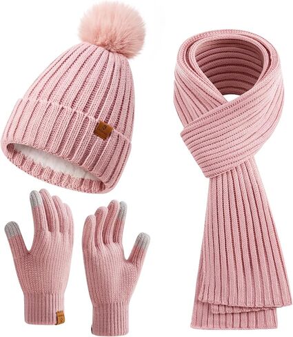 Winter Beanie Hat Scarf Gloves Set for Women with Fleece Lined Womens Beanie with Pom Pom Long Scarf Neck Warmer Touchscreen Gloves for Women Men Oatmeal in Saudi Arabia