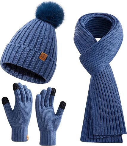 Winter Beanie Hat Scarf Gloves Set for Women with Fleece Lined Womens Beanie with Pom Pom Long Scarf Neck Warmer Touchscreen Gloves for Women Men Oatmeal in Saudi Arabia