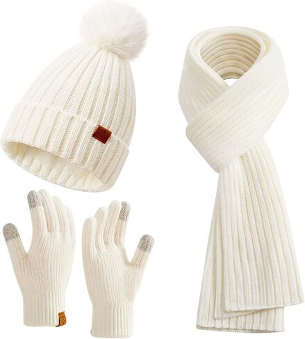 Winter Beanie Hat Scarf Gloves Set for Women with Fleece Lined Womens Beanie with Pom Pom Long Scarf Neck Warmer Touchscreen Gloves for Women Men Oatmeal in Saudi Arabia