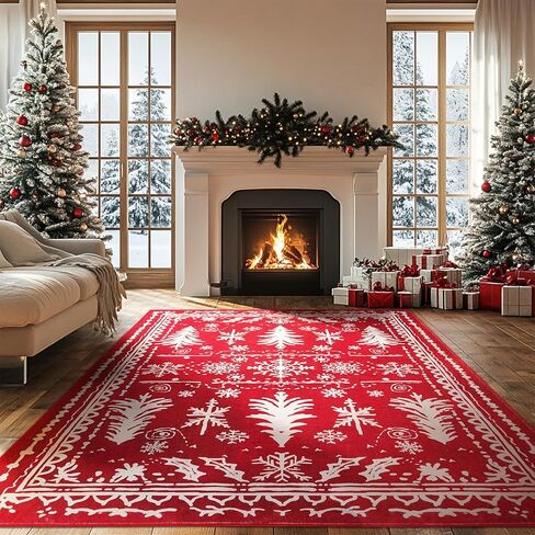 سجاد كبير 8x10 لعيد الميلاد قابل للغسل في غرفة المعيشة، سجادة قابلة للغسل، سجادة حمراء غير قابلة للانزلاق، ديكور للعطلات، سجادة عيد الميلاد فائقة النعومة لغرفة النوم وغرفة الطعام والمكتب المنزلي تحت الطاولة (ندفة الثلج الأحمر، 8x10 قدم) in Kuwait