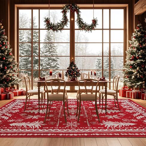 سجاد كبير 8x10 لعيد الميلاد قابل للغسل في غرفة المعيشة، سجادة قابلة للغسل، سجادة حمراء غير قابلة للانزلاق، ديكور للعطلات، سجادة عيد الميلاد فائقة النعومة لغرفة النوم وغرفة الطعام والمكتب المنزلي تحت الطاولة (ندفة الثلج الأحمر، 8x10 قدم) in Kuwait