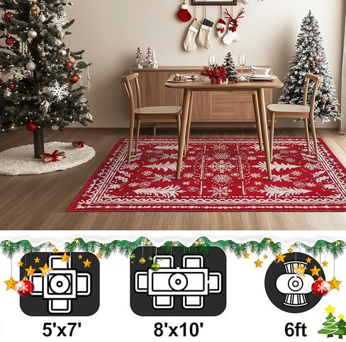 سجاد كبير 8x10 لعيد الميلاد قابل للغسل في غرفة المعيشة، سجادة قابلة للغسل، سجادة حمراء غير قابلة للانزلاق، ديكور للعطلات، سجادة عيد الميلاد فائقة النعومة لغرفة النوم وغرفة الطعام والمكتب المنزلي تحت الطاولة (ندفة الثلج الأحمر، 8x10 قدم) in Kuwait