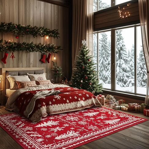 سجاد كبير 8x10 لعيد الميلاد قابل للغسل في غرفة المعيشة، سجادة قابلة للغسل، سجادة حمراء غير قابلة للانزلاق، ديكور للعطلات، سجادة عيد الميلاد فائقة النعومة لغرفة النوم وغرفة الطعام والمكتب المنزلي تحت الطاولة (ندفة الثلج الأحمر، 8x10 قدم) in Kuwait
