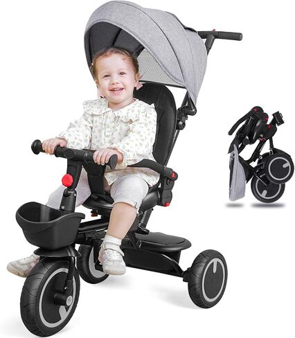 Baby Tricycle, 6-in-1 Folding Toddler Bike, Toddler Push Bike, Toys for 1-5 Year Old Boys & Girls, Kids Trike with Push Handle, Canopy, Backrest and Safety Belt, Stroller Bike Gift for Toddlers in Saudi Arabia