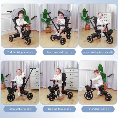 Baby Tricycle, 6-in-1 Folding Toddler Bike, Toddler Push Bike, Toys for 1-5 Year Old Boys & Girls, Kids Trike with Push Handle, Canopy, Backrest and Safety Belt, Stroller Bike Gift for Toddlers in Saudi Arabia