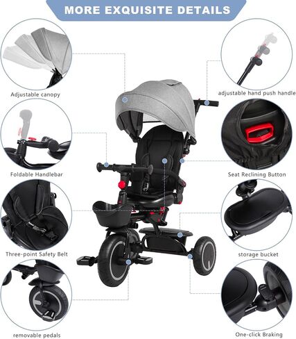 Baby Tricycle, 6-in-1 Folding Toddler Bike, Toddler Push Bike, Toys for 1-5 Year Old Boys & Girls, Kids Trike with Push Handle, Canopy, Backrest and Safety Belt, Stroller Bike Gift for Toddlers in Saudi Arabia