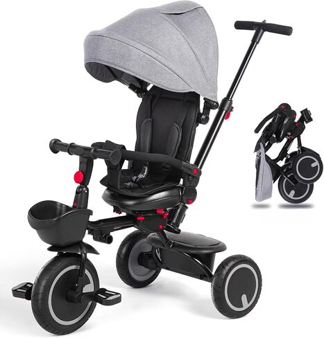 Baby Tricycle, 6-in-1 Folding Toddler Bike, Toddler Push Bike, Toys for 1-5 Year Old Boys & Girls, Kids Trike with Push Handle, Canopy, Backrest and Safety Belt, Stroller Bike Gift for Toddlers in Saudi Arabia