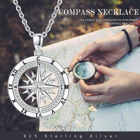 925 Sterling Silver Compass Necklaces Compass Pendant Jewelry Travel Necklace Inspirational Graduation Jewelry for Women and Men Birthday Holiday Valentine's Day Christmas in Saudi Arabia