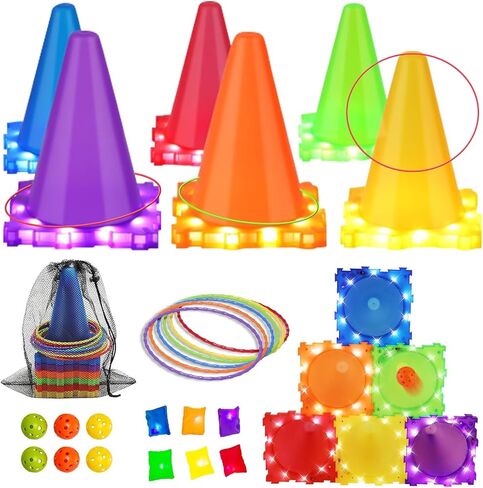 3-in-1 Carnival Games for Kids with LED Lights, 37 Pcs Outdoor Toys for Toddlers - Ring Toss Game, Bean Bag Toss Game, Soft Plastic Cones, Yard Lawn Game for Family Party in Saudi Arabia