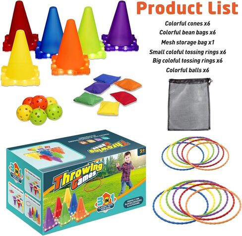 3-in-1 Carnival Games for Kids with LED Lights, 37 Pcs Outdoor Toys for Toddlers - Ring Toss Game, Bean Bag Toss Game, Soft Plastic Cones, Yard Lawn Game for Family Party in Saudi Arabia