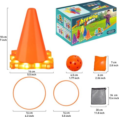 3-in-1 Carnival Games for Kids with LED Lights, 37 Pcs Outdoor Toys for Toddlers - Ring Toss Game, Bean Bag Toss Game, Soft Plastic Cones, Yard Lawn Game for Family Party in Saudi Arabia
