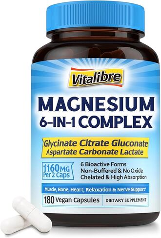 Magnesium Complex 1160mg, Magnesium Glycinate, Citrate, Aspartate, Gluconate, Carbonate, & Lactate, Chelate, Max Absorption, Sleep, Calm & Muscle, 60 Caps (No Magnesium Oxide) in Saudi Arabia