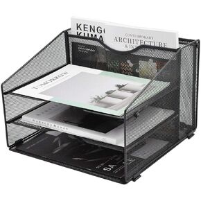 EASEPRES Mesh File Organizer, Desktop Hanging File Holder with 3 Paper Letter Tray and 1 Vertical Upright Compartment, Black